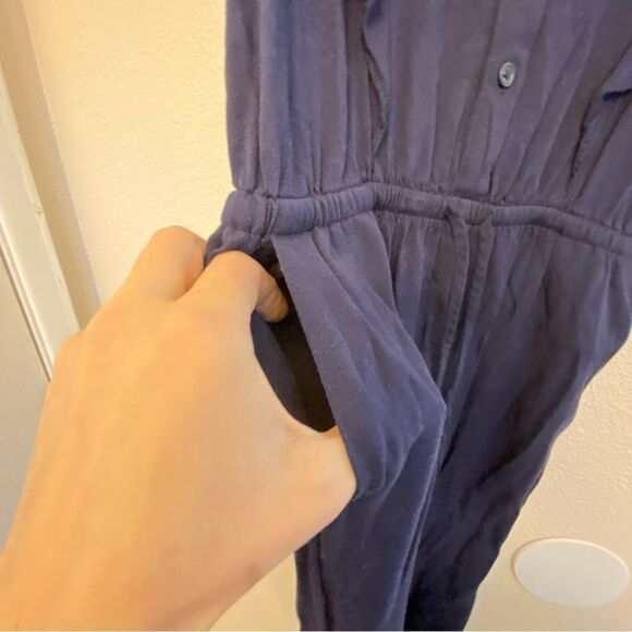 Popsugar navy blue button front tie waist wide Leg Romper Jumpsuit 100% rayon S - Picture 8 of 14